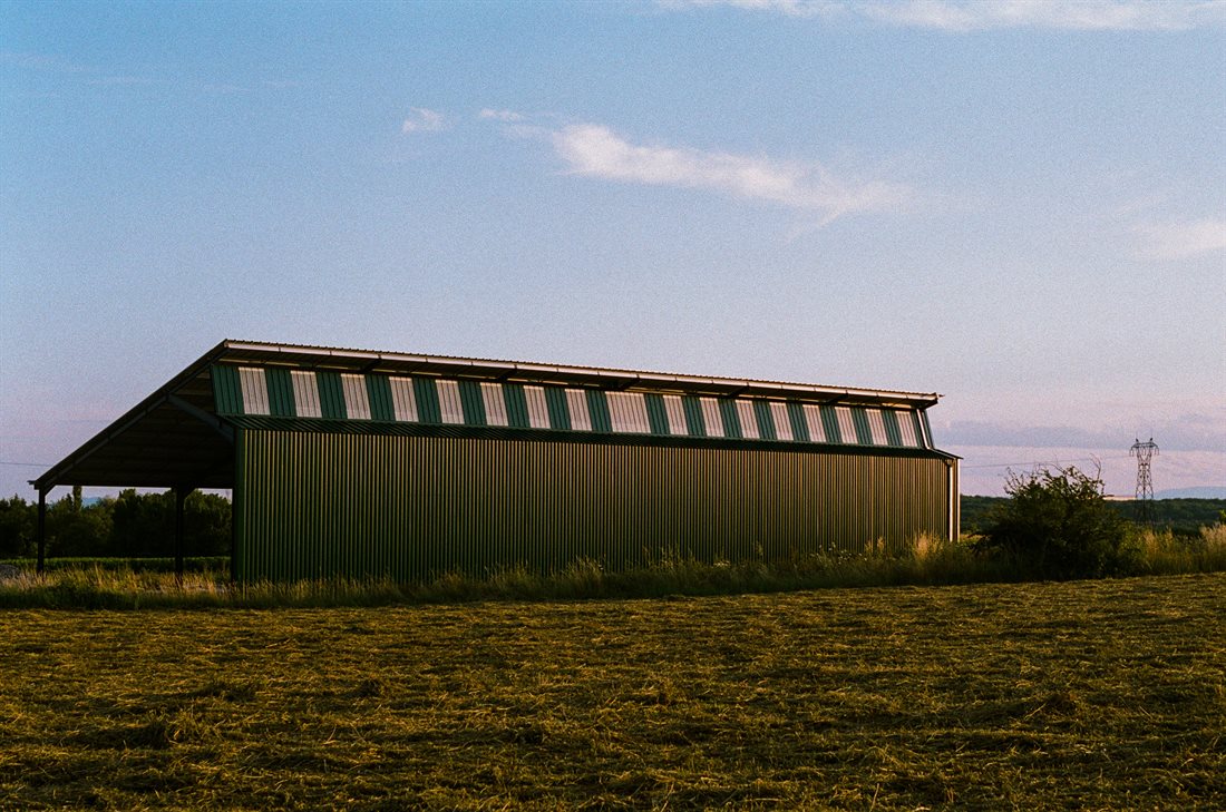 Ardèche, un hangar à contre-jour, très long vert et blanc cassé dans un champ, photo graphique, lumière vive du ciel bleu peu nuageux, pylone électrique métallique en fond